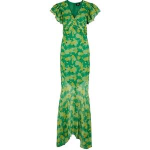 De La Vali Palmera Green Floral Chiffon Maxi Dress UK 12 US 8 Ruffle Sleeve $676